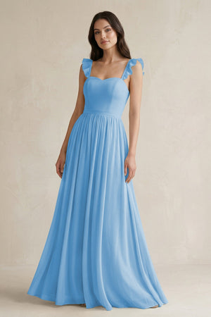 Ruffled Spaghetti Strap Chiffon A - Line Bridesmaid Dress in Steel Blue - SHE IS ME Bridesmaid Dresses