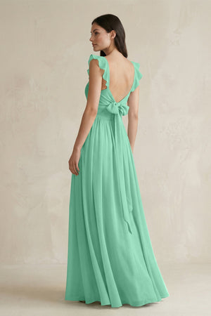 Ruffled Spaghetti Strap Chiffon A - Line Bridesmaid Dress in Turquoise - SHE IS ME Bridesmaid Dresses