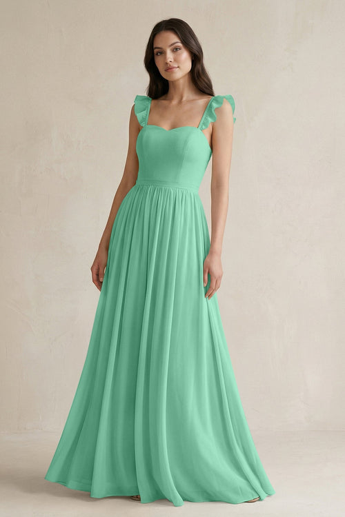 Ruffled Spaghetti Strap Chiffon A - Line Bridesmaid Dress in Turquoise - SHE IS ME Bridesmaid Dresses