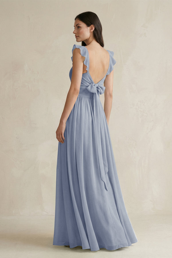 Ruffled Spaghetti Strap Chiffon A - Line Bridesmaid Dress in Twilight - SHE IS ME Bridesmaid Dresses