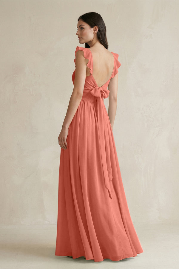 Ruffled Spaghetti Strap Chiffon A - Line Bridesmaid Dress in Wild Rose - SHE IS ME Bridesmaid Dresses