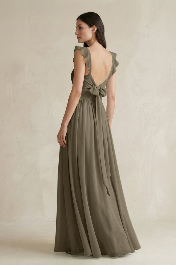 Ruffled Spaghetti Strap Chiffon A - Line Bridesmaid Dress in Willow Green - SHE IS ME Bridesmaid Dresses