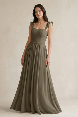Ruffled Spaghetti Strap Chiffon A - Line Bridesmaid Dress in Willow Green - SHE IS ME Bridesmaid Dresses