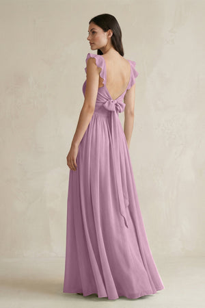 Ruffled Spaghetti Strap Chiffon A - Line Bridesmaid Dress in Wisteria - SHE IS ME Bridesmaid Dresses
