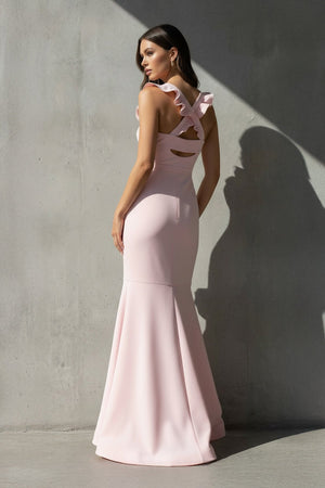 Ruffled Straps Mermaid Gown in Pink - SHE IS ME