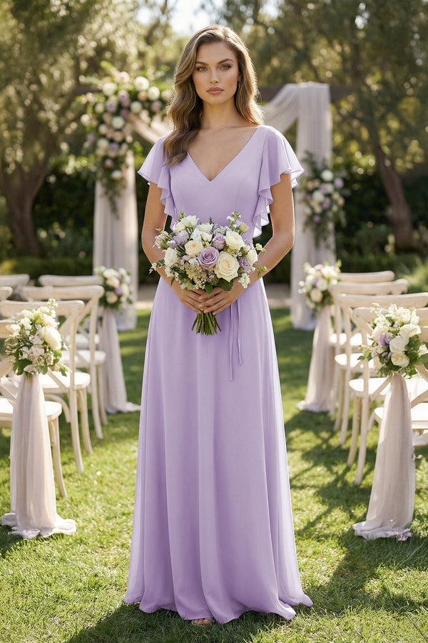 Ruffled V-Neck Chiffon A-Line Bridesmaid Dress in Lavender - SHE IS ME BRIDESMAID DRESSES