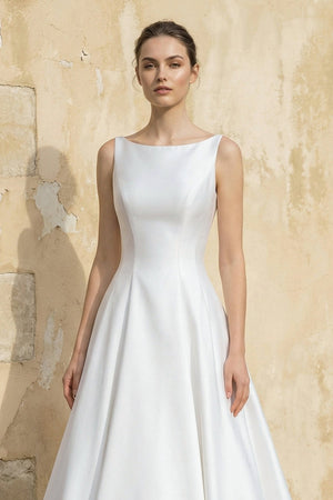 Satin A Line Open Back Ball Gown With Bow in White - SHE IS ME Wedding Dresses
