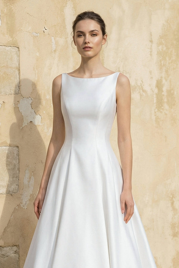 Satin A Line Open Back Ball Gown With Bow in White - SHE IS ME Wedding Dresses