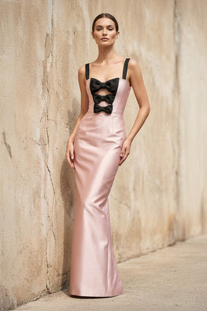 Satin Sheath Gown With Bow in Pink - SHE IS ME