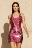 Sequins Halter Open Back Mini Dress in Fuchsia - SHE IS ME