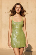 Sequins Spaghetti Straps Mini Dress in Sage - SHE IS ME