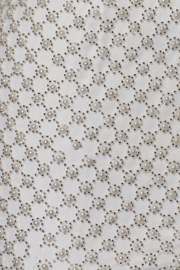 Sheath Beaded Mini Dress With Bow in White - SHE IS ME