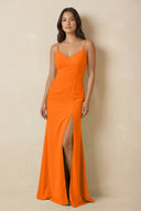 Sheath Cami Strap Chiffon Bridesmaid Dress with Slit in Cinnamon - SHE IS ME Bridesmaid Dresses