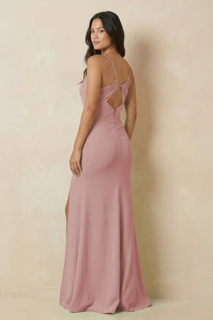 Sheath Cami Strap Chiffon Bridesmaid Dress with Slit in Dusty Rose - SHE IS ME Bridesmaid Dresses