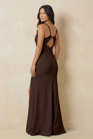 Sheath Cami Strap Chiffon Bridesmaid Dress with Slit in Espresso - SHE IS ME Bridesmaid Dresses