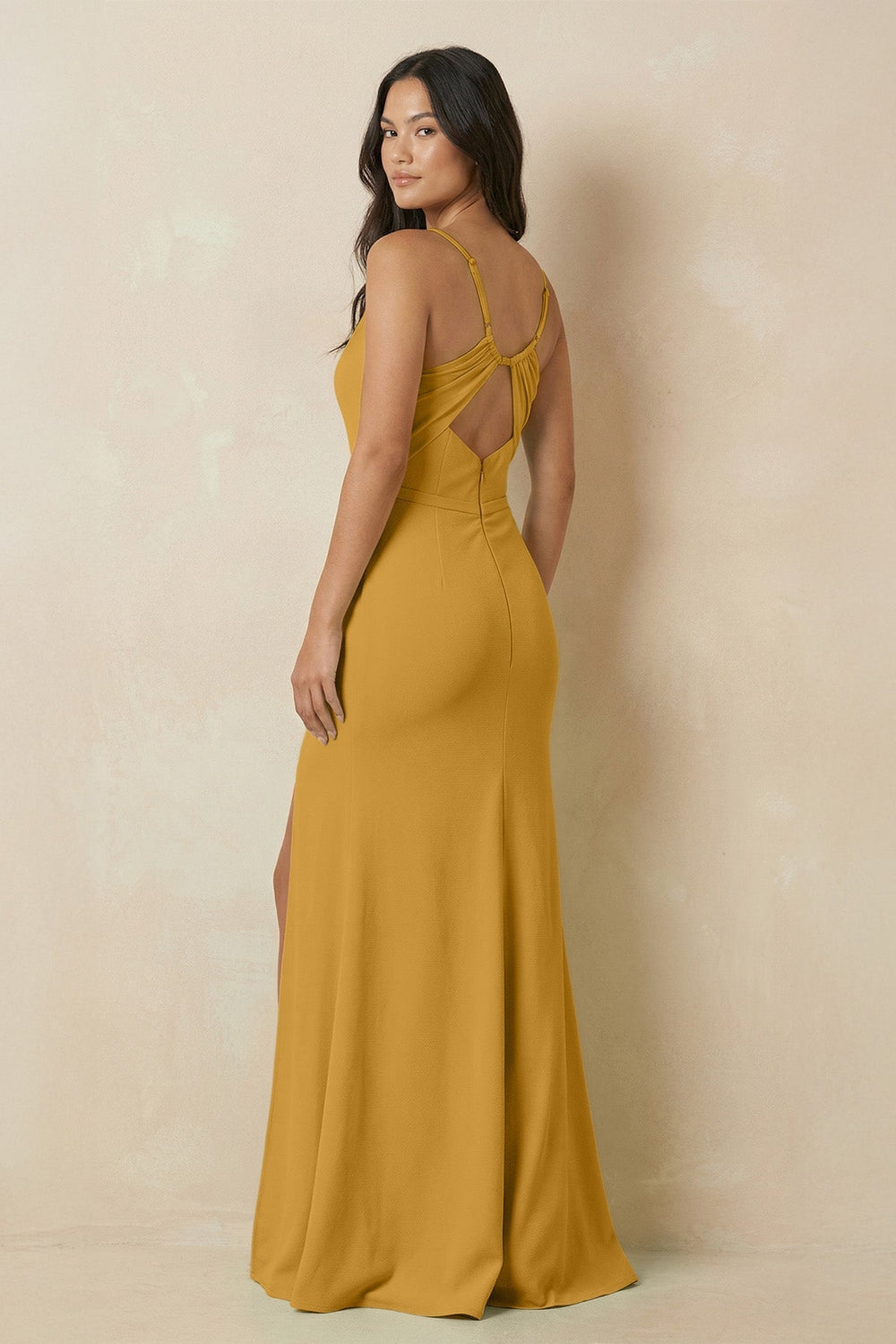 Sheath Cami Strap Chiffon Bridesmaid Dress with Slit in Marigold - SHE IS ME Bridesmaid Dresses