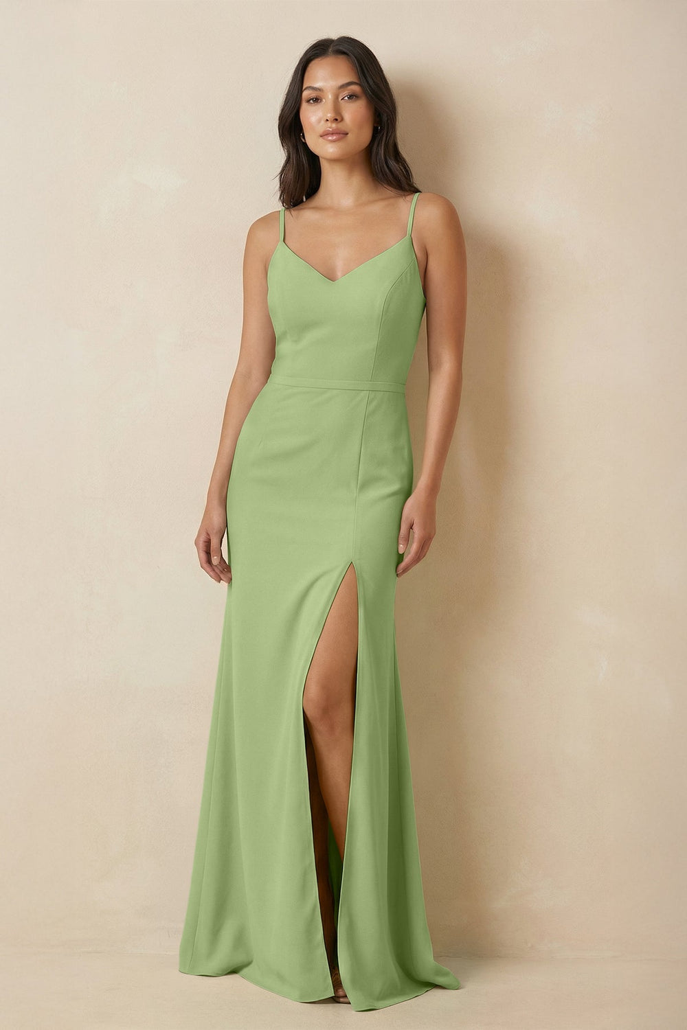 Sheath Cami Strap Chiffon Bridesmaid Dress with Slit in Matcha - SHE IS ME Bridesmaid Dresses