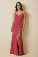 Sheath Cami Strap Chiffon Bridesmaid Dress with Slit in Merlot - SHE IS ME Bridesmaid Dresses
