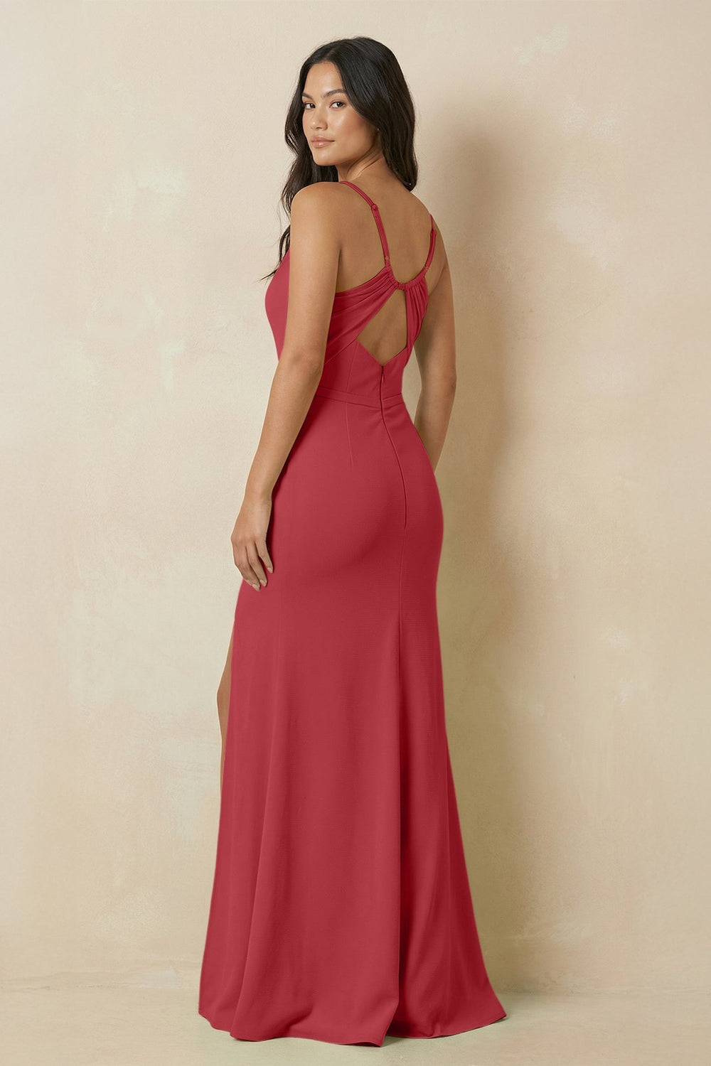 Sheath Cami Strap Chiffon Bridesmaid Dress with Slit in Merlot - SHE IS ME Bridesmaid Dresses