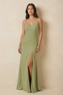 Sheath Cami Strap Chiffon Bridesmaid Dress with Slit in Moss Green - SHE IS ME Bridesmaid Dresses