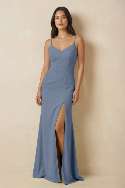 Sheath Cami Strap Chiffon Bridesmaid Dress with Slit in Neptune - SHE IS ME Bridesmaid Dresses