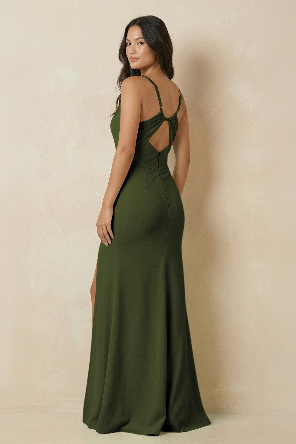 Sheath Cami Strap Chiffon Bridesmaid Dress with Slit in Olive - SHE IS ME Bridesmaid Dresses