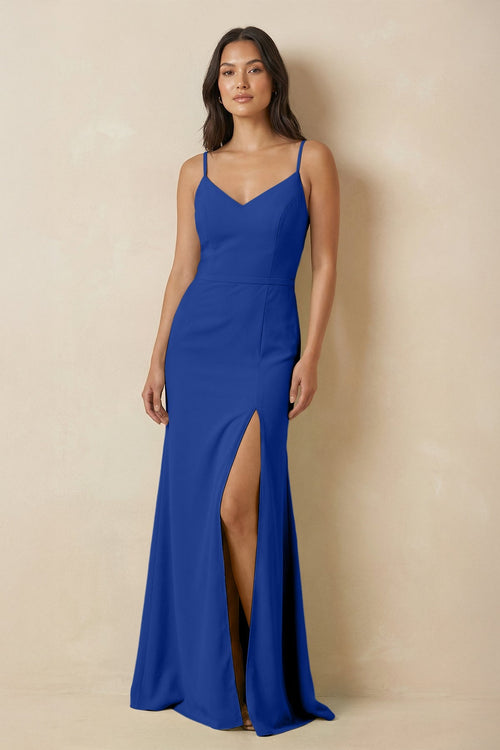 Sheath Cami Strap Chiffon Bridesmaid Dress with Slit in Royal Blue - SHE IS ME Bridesmaid Dresses