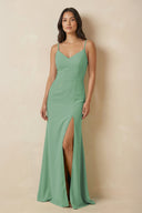 Sheath Cami Strap Chiffon Bridesmaid Dress with Slit in Sea Glass - SHE IS ME Bridesmaid Dresses