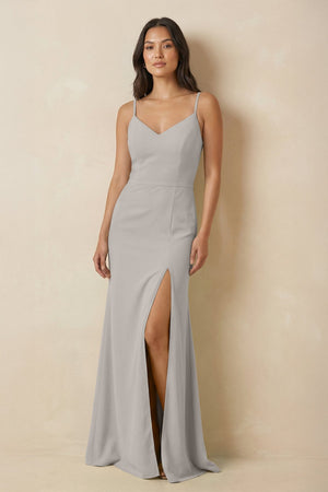 Sheath Cami Strap Chiffon Bridesmaid Dress with Slit in Silver - SHE IS ME Bridesmaid Dresses