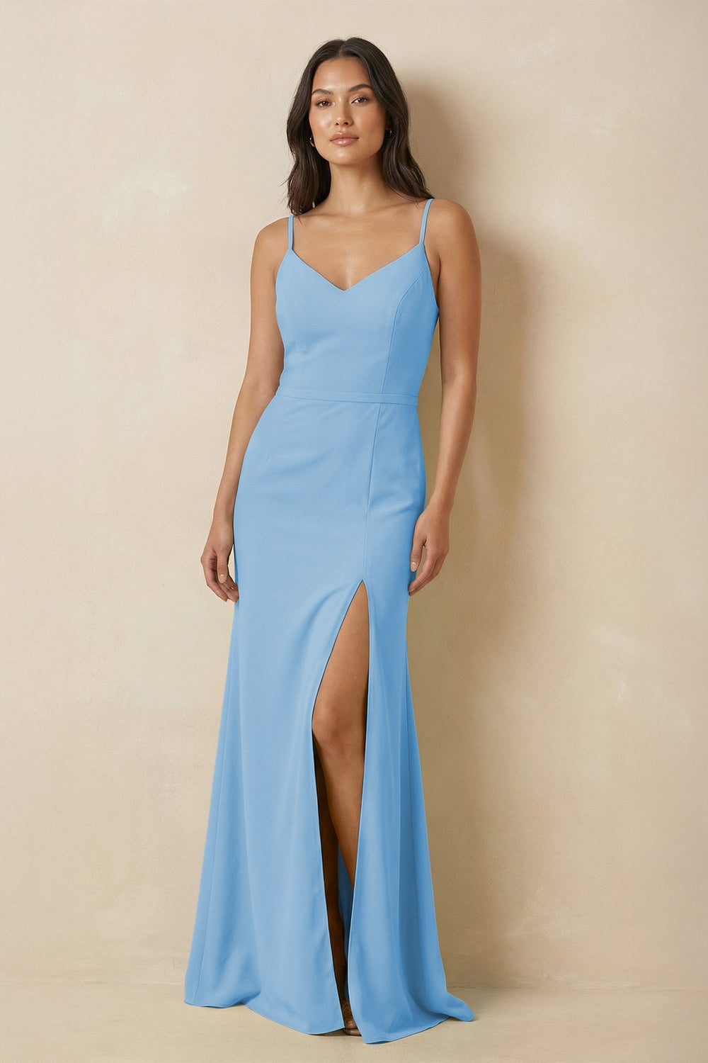 Sheath Cami Strap Chiffon Bridesmaid Dress with Slit in Steel Blue - SHE IS ME Bridesmaid Dresses