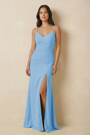 Sheath Cami Strap Chiffon Bridesmaid Dress with Slit in Steel Blue - SHE IS ME Bridesmaid Dresses