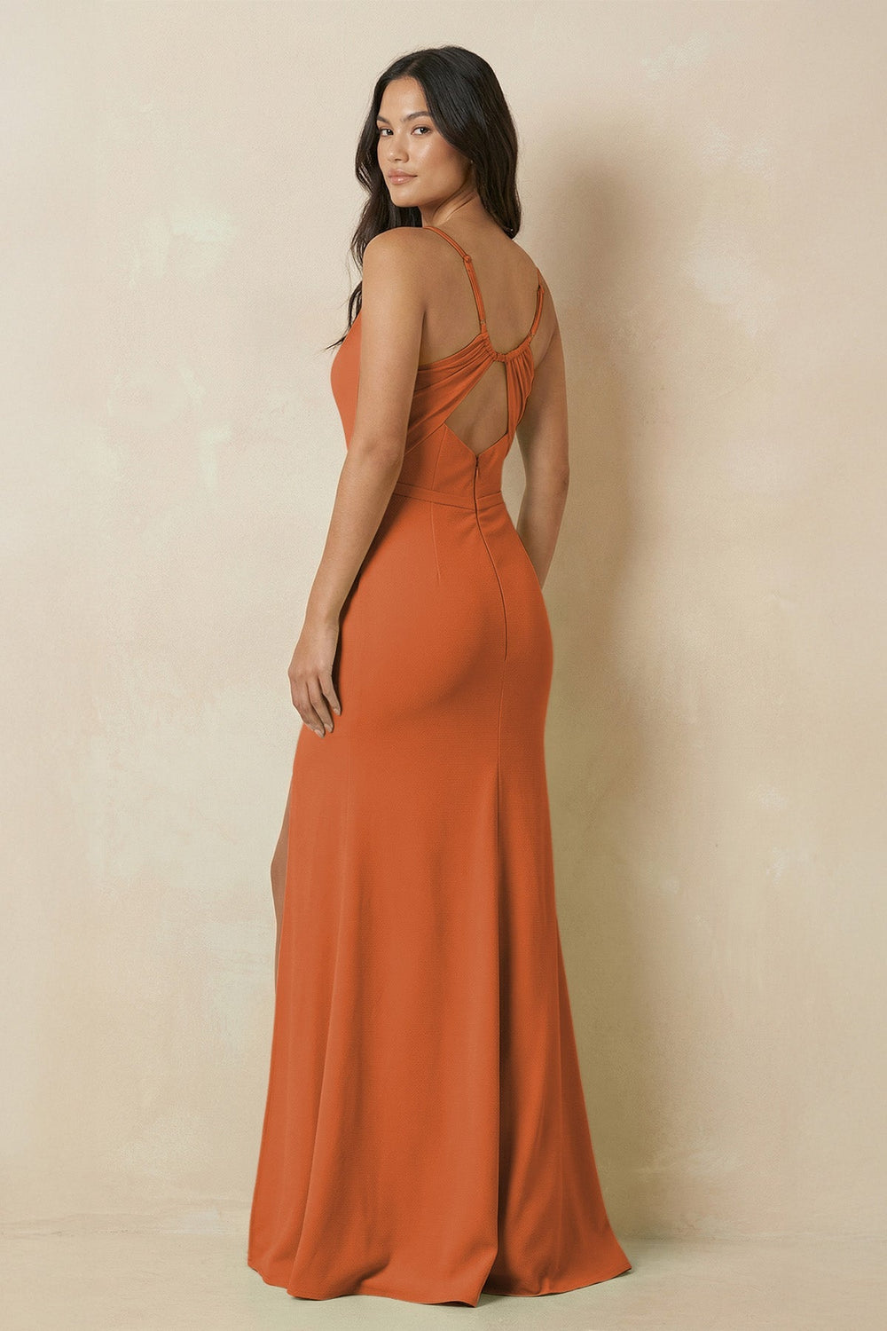 Sheath Cami Strap Chiffon Bridesmaid Dress with Slit in Terracotta - SHE IS ME Bridesmaid Dresses