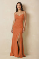 Sheath Cami Strap Chiffon Bridesmaid Dress with Slit in Terracotta - SHE IS ME Bridesmaid Dresses