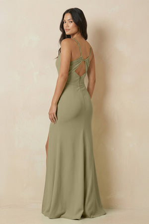 Sheath Cami Strap Chiffon Bridesmaid Dress with Slit in Thyme - SHE IS ME Bridesmaid Dresses