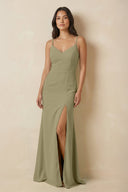 Sheath Cami Strap Chiffon Bridesmaid Dress with Slit in Thyme - SHE IS ME Bridesmaid Dresses