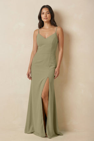 Sheath Cami Strap Chiffon Bridesmaid Dress with Slit in Thyme - SHE IS ME Bridesmaid Dresses