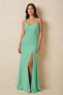 Sheath Cami Strap Chiffon Bridesmaid Dress with Slit in Turquoise - SHE IS ME Bridesmaid Dresses