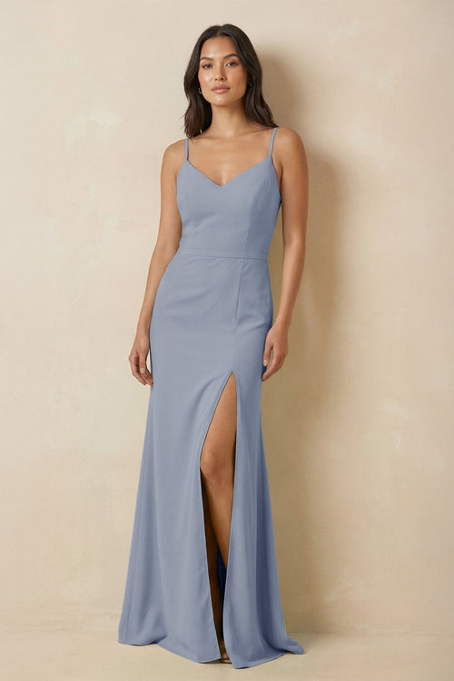 Sheath Cami Strap Chiffon Bridesmaid Dress with Slit in Twilight - SHE IS ME Bridesmaid Dresses