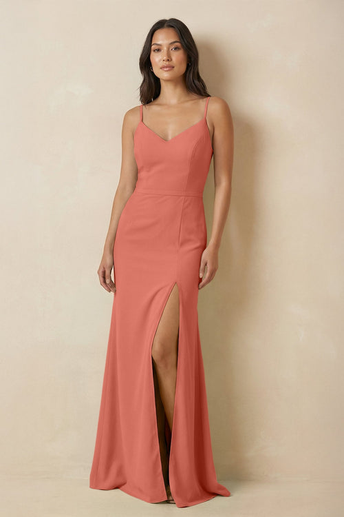 Sheath Cami Strap Chiffon Bridesmaid Dress with Slit in Wild Rose - SHE IS ME Bridesmaid Dresses