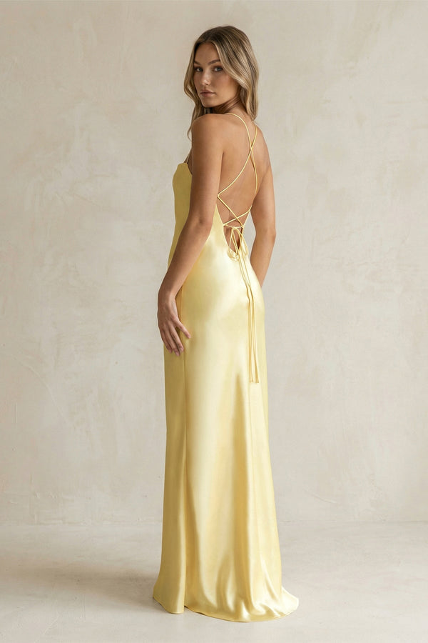 Sheath Satin Spaghetti Strap Bridesmaid Dress in Pastel Yellow - SHE IS ME Bridesmaid Dresses