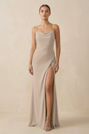 Sheath Spaghetti Straps Chiffon Long Bridesmaid Dress in Almond - SHE IS ME Bridesmaid Dresses