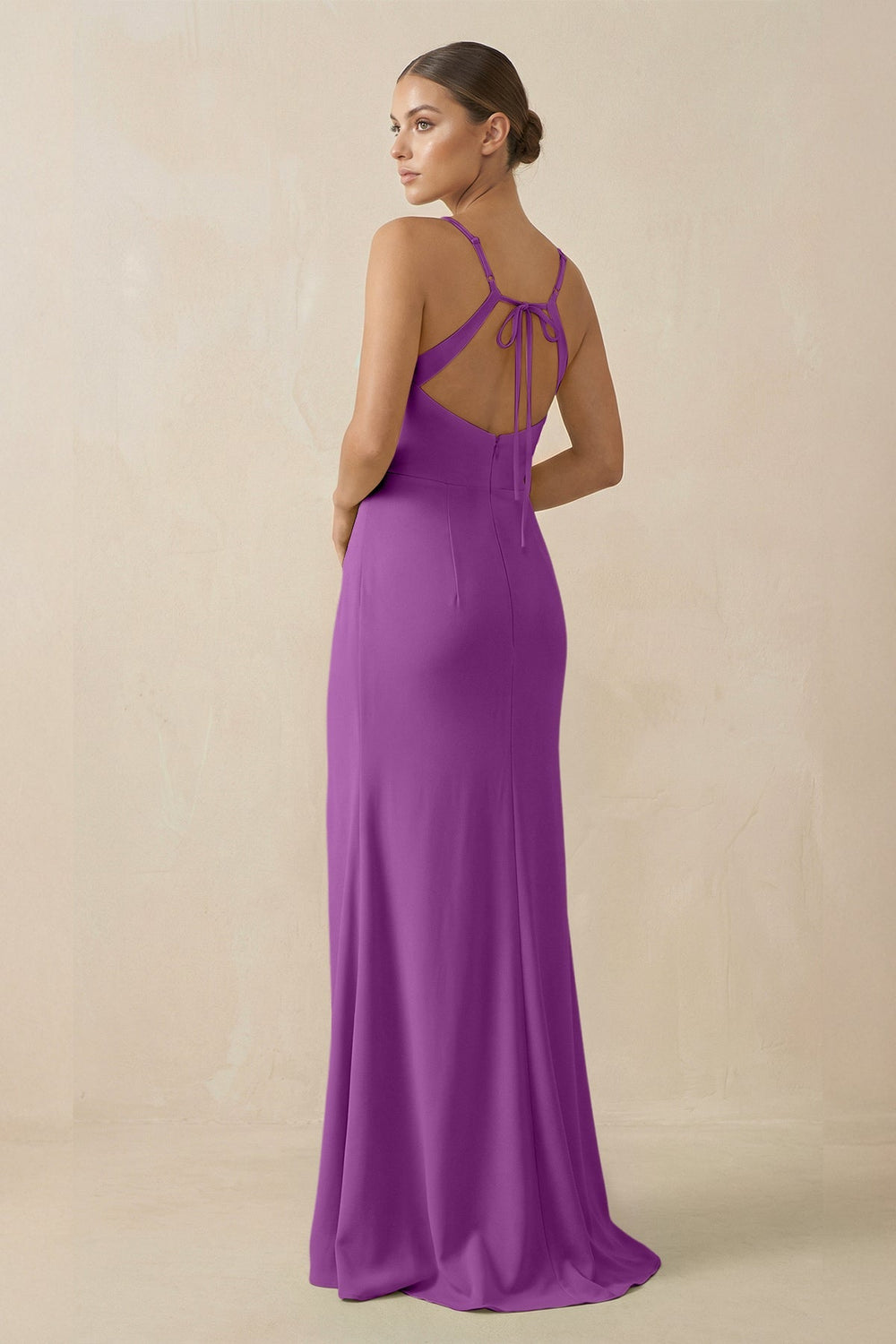 Sheath Spaghetti Straps Chiffon Long Bridesmaid Dress in Amethyst - SHE IS ME Bridesmaid Dresses
