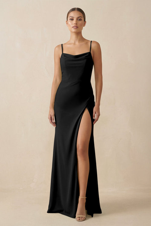 Sheath Spaghetti Straps Chiffon Long Bridesmaid Dress in Black - SHE IS ME Bridesmaid Dresses