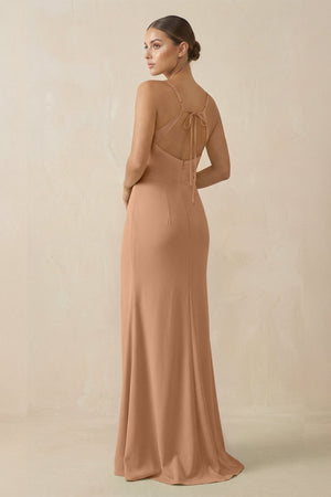 Sheath Spaghetti Straps Chiffon Long Bridesmaid Dress in Bronzer - SHE IS ME Bridesmaid Dresses