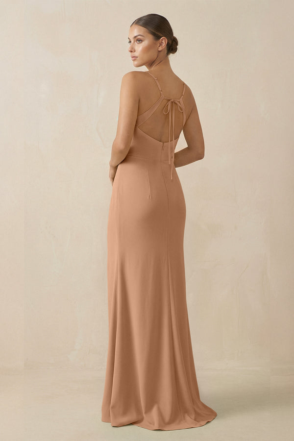 Sheath Spaghetti Straps Chiffon Long Bridesmaid Dress in Bronzer - SHE IS ME Bridesmaid Dresses