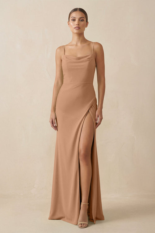 Sheath Spaghetti Straps Chiffon Long Bridesmaid Dress in Bronzer - SHE IS ME Bridesmaid Dresses