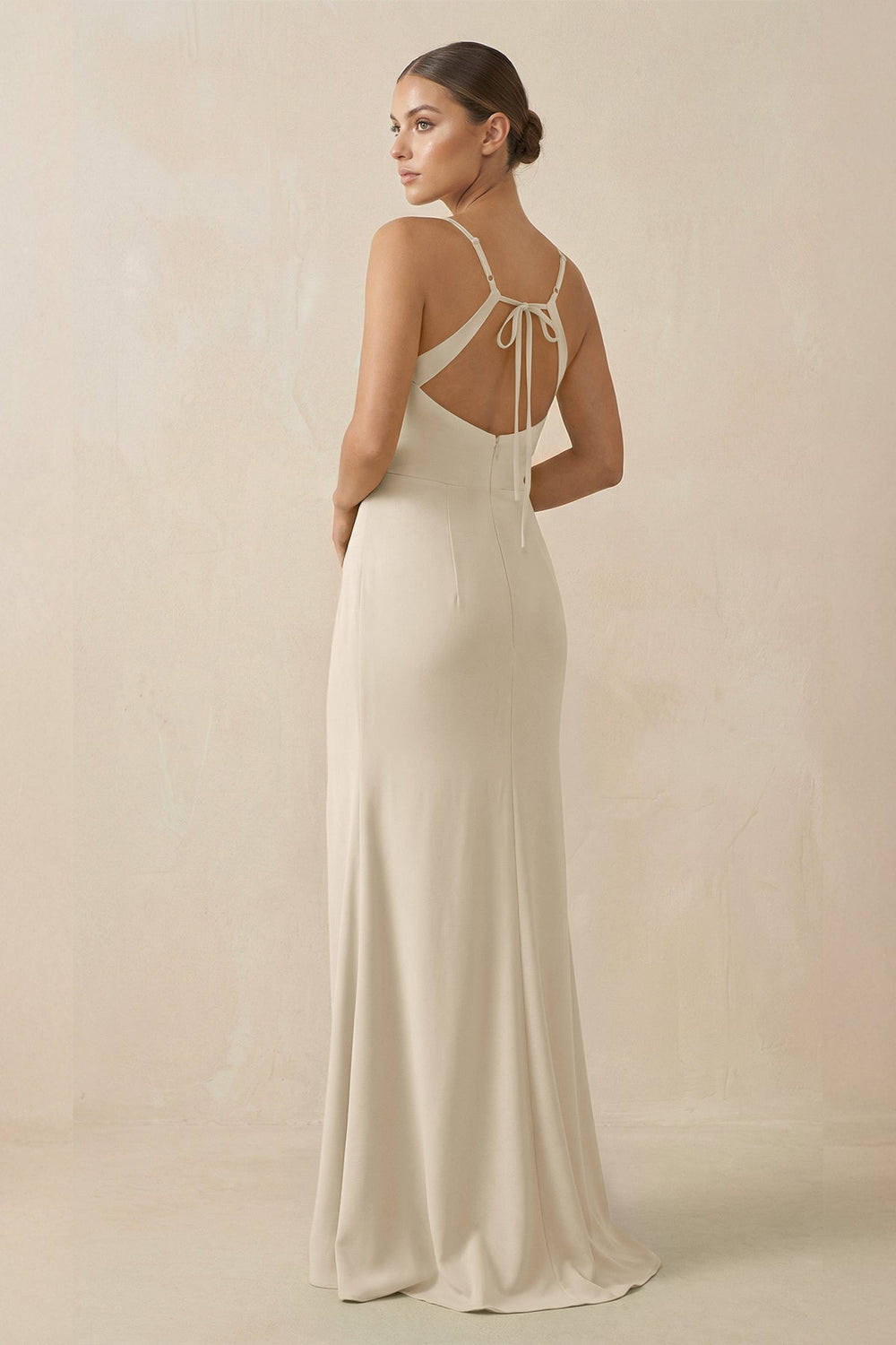 Sheath Spaghetti Straps Chiffon Long Bridesmaid Dress in Champagne - SHE IS ME Bridesmaid Dresses