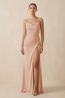 Sheath Spaghetti Straps Chiffon Long Bridesmaid Dress in Champagne Rose - SHE IS ME Bridesmaid Dresses