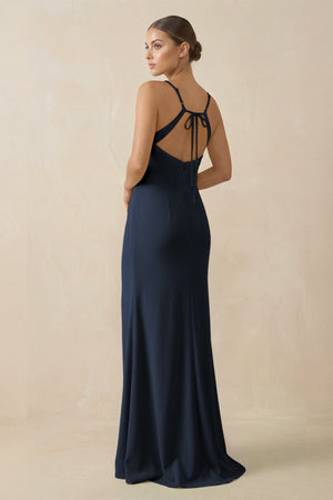 Sheath Spaghetti Straps Chiffon Long Bridesmaid Dress in Dark Navy - SHE IS ME Bridesmaid Dresses