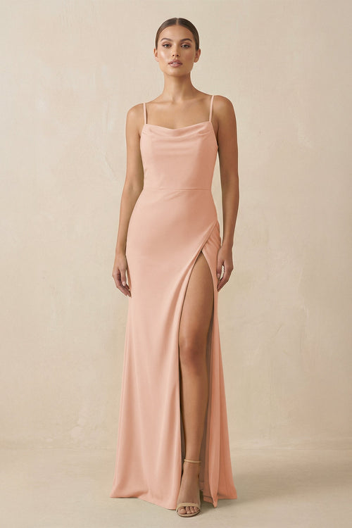 Sheath Spaghetti Straps Chiffon Long Bridesmaid Dress in English Rose - SHE IS ME Bridesmaid Dresses